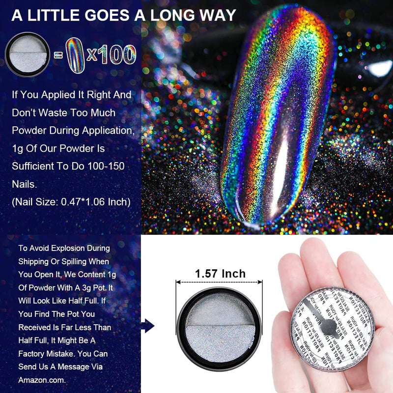 BELLEBOOST Holographic Nail Powder Holo Powders for Nails Chrome Nail Polishing Powder Rainbow Unicorn Mirror Effect Glitter Dust Manicure Pigment Nail Art DIY Deco with Sponge Tool/3pcs, 0.04oz/1g - Image 2